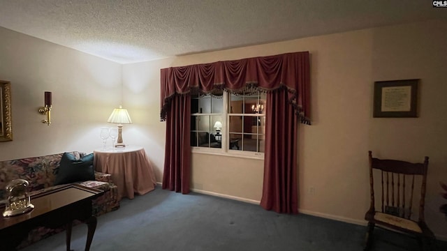 sitting room featuring a textured ceiling and dark carpet