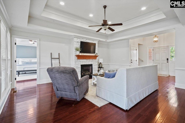 51 Swallowtail Ct, Columbia, SC 29229 - living room with dark hardwood / wood-style flooring, ceiling fan, and a tray ceiling