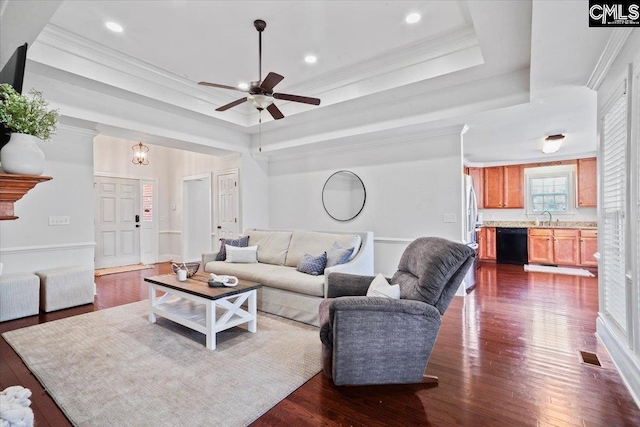 51 Swallowtail Ct, Columbia, SC 29229 - living room featuring ceiling fan, sink, ornamental molding, dark hardwood / wood-style floors, and a tray ceiling