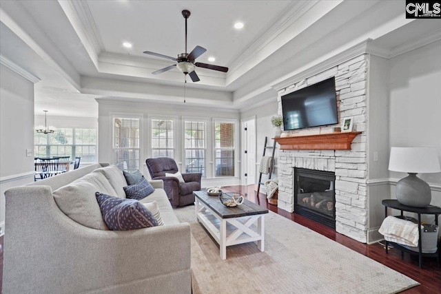 51 Swallowtail Ct, Columbia, SC 29229 - living room featuring a wealth of natural light, a tray ceiling, light hardwood / wood-style floors, and a fireplace