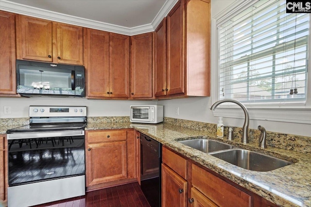 51 Swallowtail Ct, Columbia, SC 29229 - kitchen with dark hardwood / wood-style floors, black appliances, a healthy amount of sunlight, sink, and light stone counters