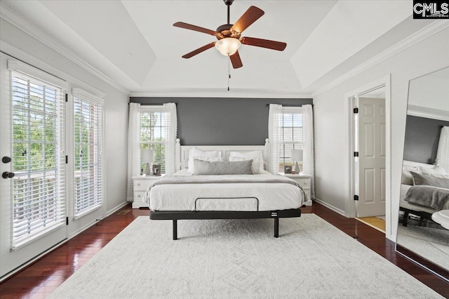 51 Swallowtail Ct, Columbia, SC 29229 - bedroom with dark hardwood / wood-style flooring, access to exterior, ceiling fan, and a tray ceiling