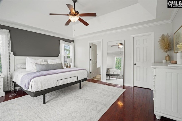 51 Swallowtail Ct, Columbia, SC 29229 - bedroom featuring a tray ceiling, ceiling fan, ornamental molding, and dark wood-type flooring