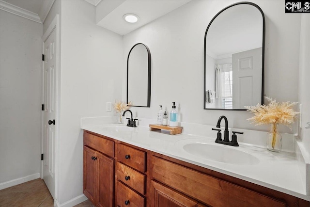 51 Swallowtail Ct, Columbia, SC 29229 - bathroom featuring tile floors, ornamental molding, large vanity, and double sink