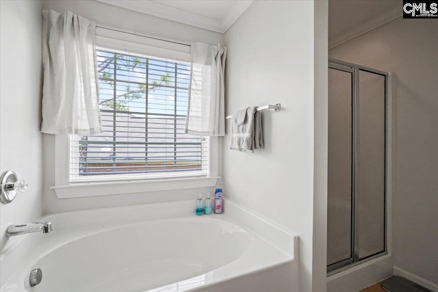 51 Swallowtail Ct, Columbia, SC 29229 - bathroom with plenty of natural light, shower with separate bathtub, and crown molding