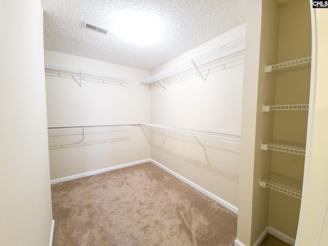 walk in closet featuring light carpet