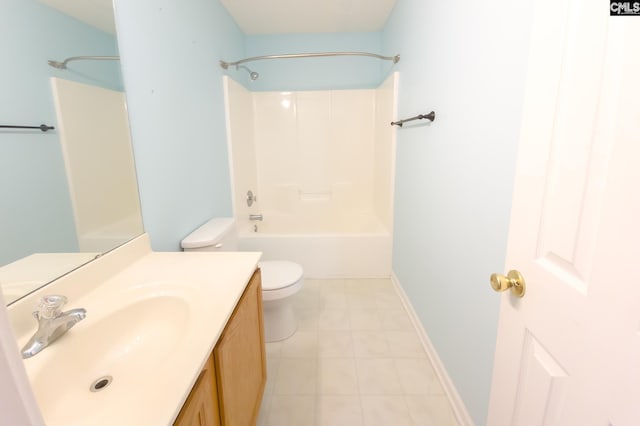 full bathroom featuring  shower combination, tile floors, large vanity, and toilet