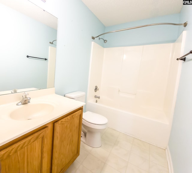 full bathroom with toilet, bathing tub / shower combination, vanity, a textured ceiling, and tile floors