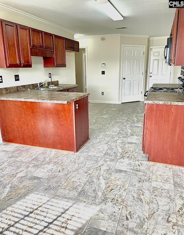 kitchen featuring range, light tile flooring, sink, a textured ceiling, and crown molding