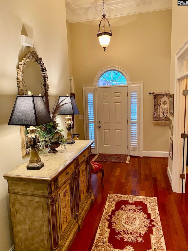 entrance foyer with crown molding and dark wood-type flooring