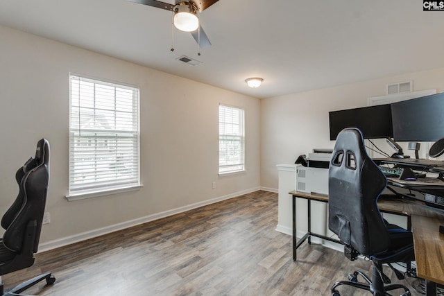 office area with ceiling fan and wood-type flooring