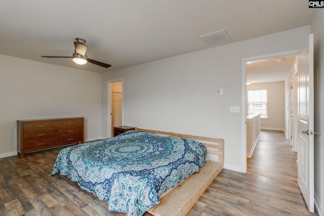 bedroom featuring ceiling fan, a closet, a walk in closet, and wood-type flooring