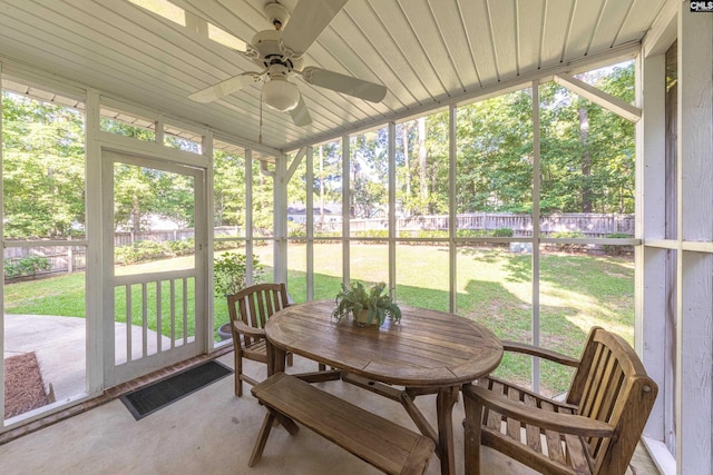 sunroom featuring ceiling fan, wood ceiling, and a healthy amount of sunlight