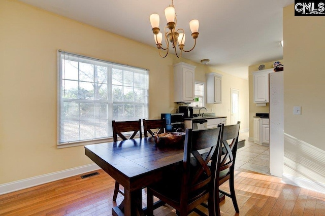 dining area with a chandelier, light wood-type flooring, and sink