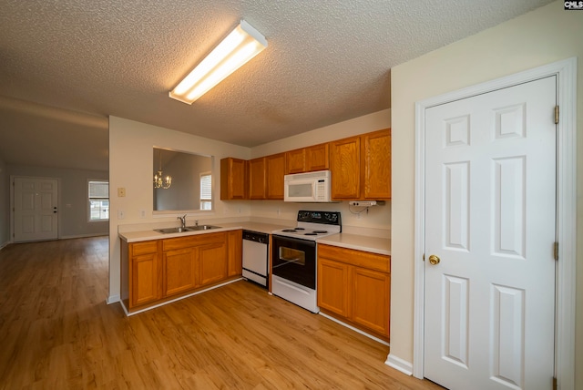 kitchen with a notable chandelier, a textured ceiling, light wood-type flooring, white appliances, and sink