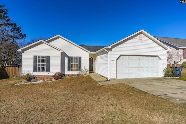 ranch-style home with a front lawn and a garage