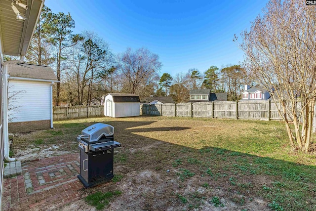 view of yard featuring a storage shed