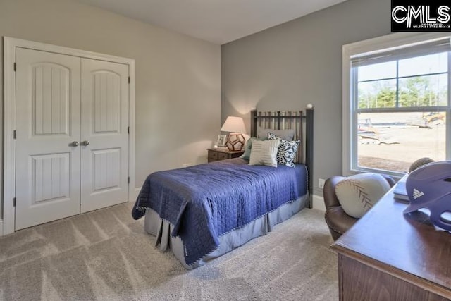 carpeted bedroom with a closet