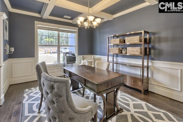 home office with coffered ceiling, dark hardwood / wood-style floors, a notable chandelier, beam ceiling, and crown molding