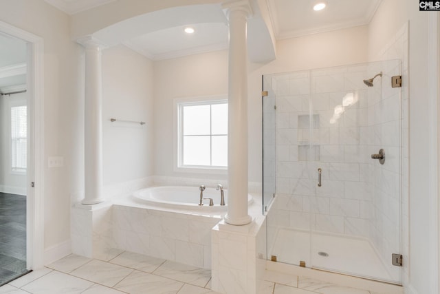 bathroom featuring crown molding, decorative columns, plus walk in shower, and tile flooring