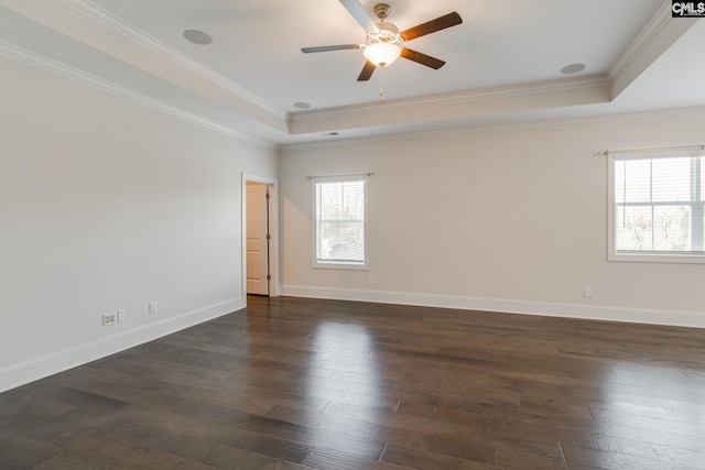 empty room featuring a tray ceiling, ceiling fan, and a healthy amount of sunlight