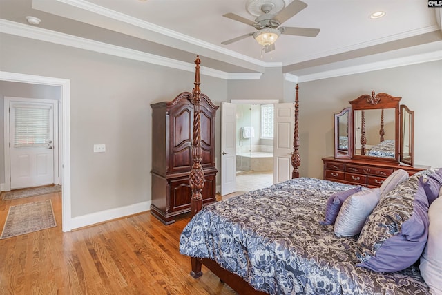 bedroom with crown molding, ceiling fan, connected bathroom, and light wood-type flooring