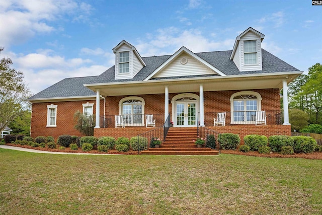 new england style home featuring a porch and a front yard