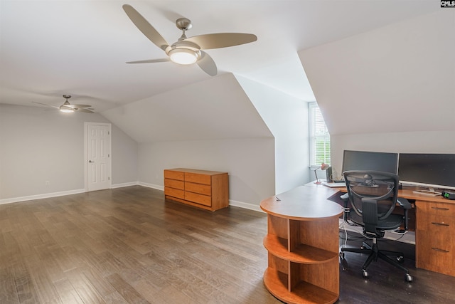 office area featuring vaulted ceiling, ceiling fan, and dark hardwood / wood-style floors