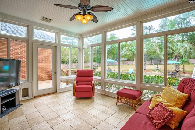 sunroom / solarium with ceiling fan and a wealth of natural light