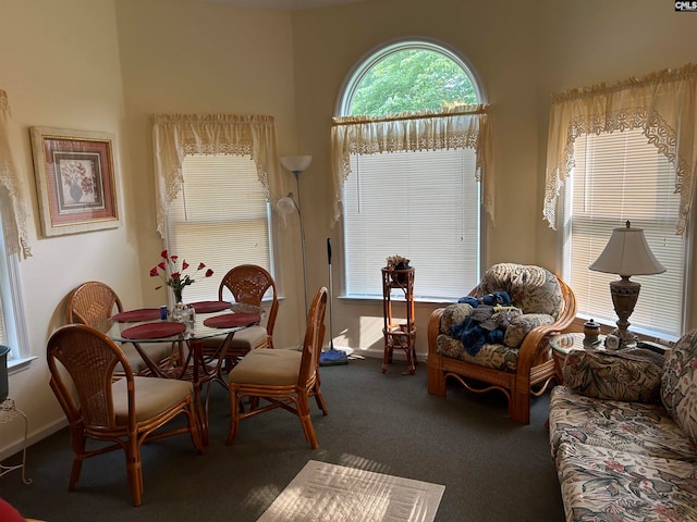 dining area featuring dark colored carpet