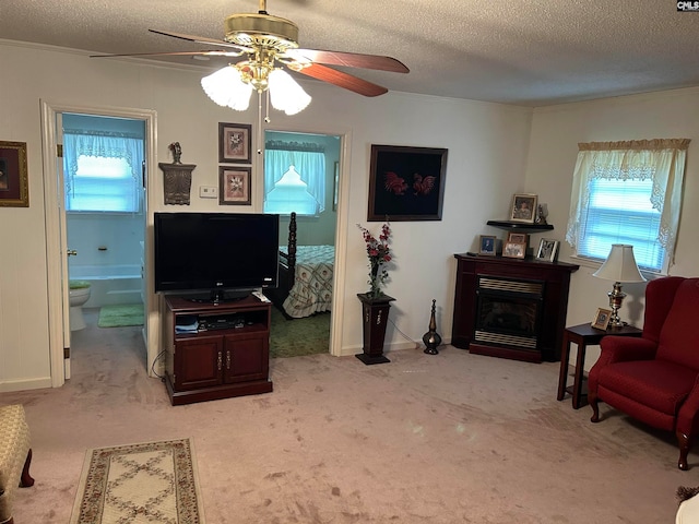 carpeted living room featuring a textured ceiling and ceiling fan