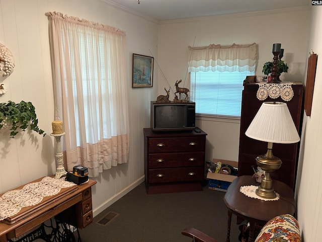 living area featuring dark colored carpet and crown molding