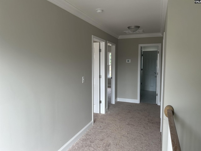 corridor with baseboards, carpet flooring, and crown molding