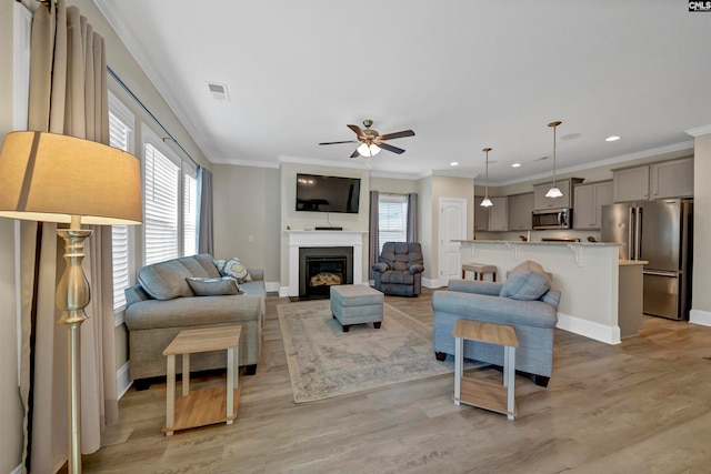 living room with ceiling fan, light hardwood / wood-style flooring, and crown molding