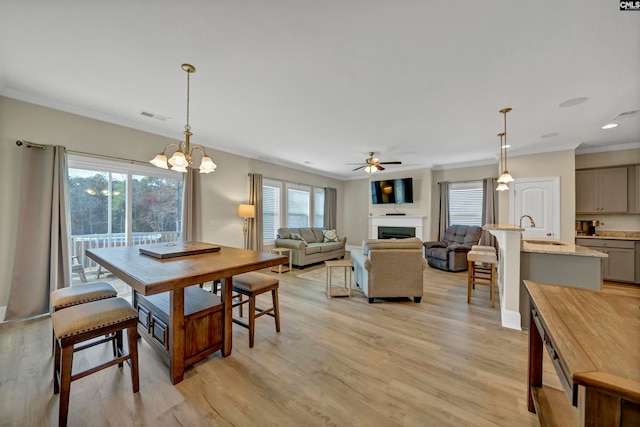 dining space with sink, ornamental molding, ceiling fan with notable chandelier, and light hardwood / wood-style flooring