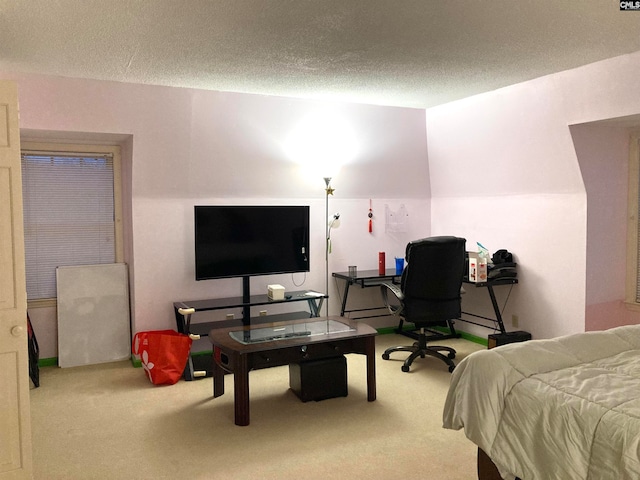 carpeted bedroom featuring a textured ceiling