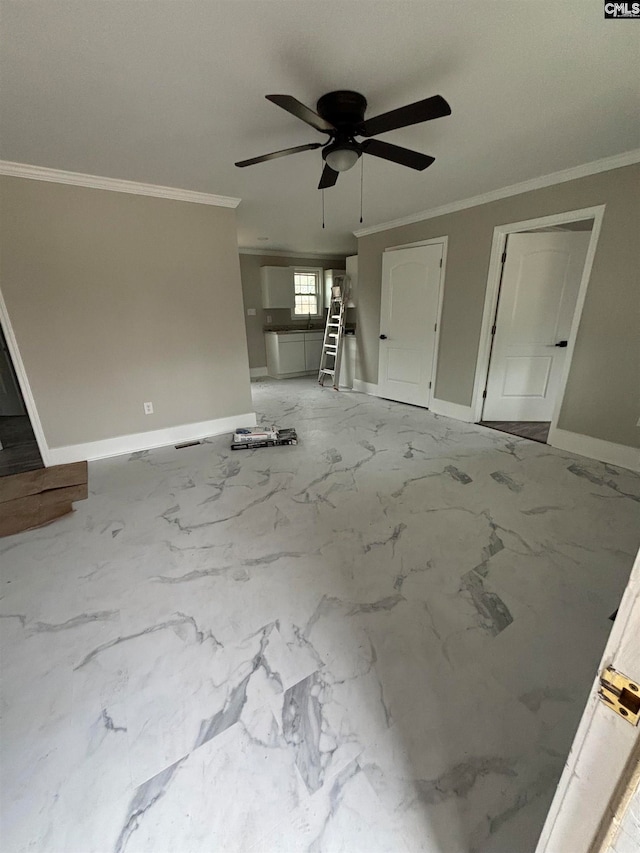 unfurnished room featuring ceiling fan, crown molding, and light tile floors