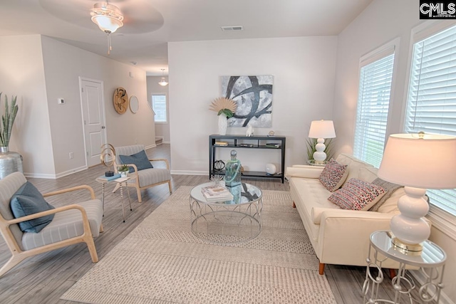 living room with hardwood / wood-style flooring and ceiling fan