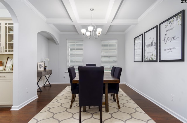 dining space with coffered ceiling, a notable chandelier, crown molding, and dark wood-type flooring