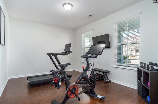 exercise room featuring dark wood-type flooring