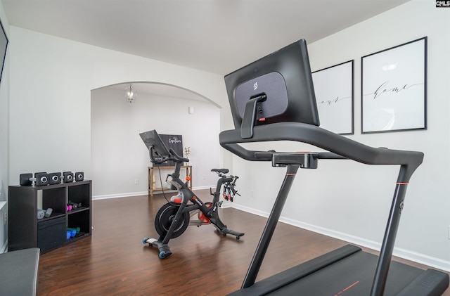 workout room with dark hardwood / wood-style floors