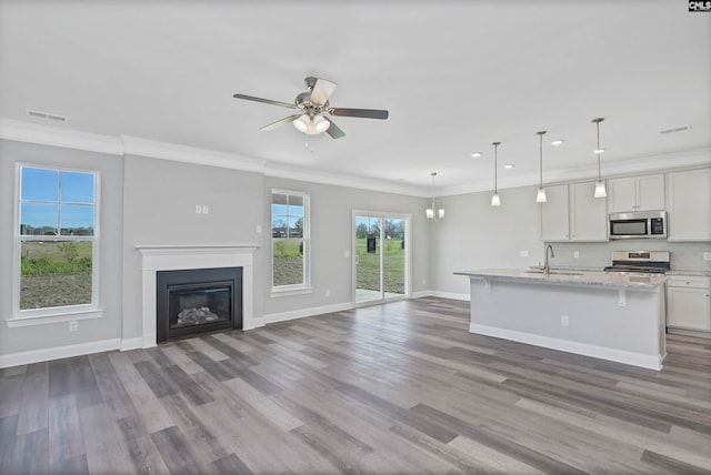 kitchen with hardwood / wood-style flooring, white cabinetry, hanging light fixtures, and appliances with stainless steel finishes