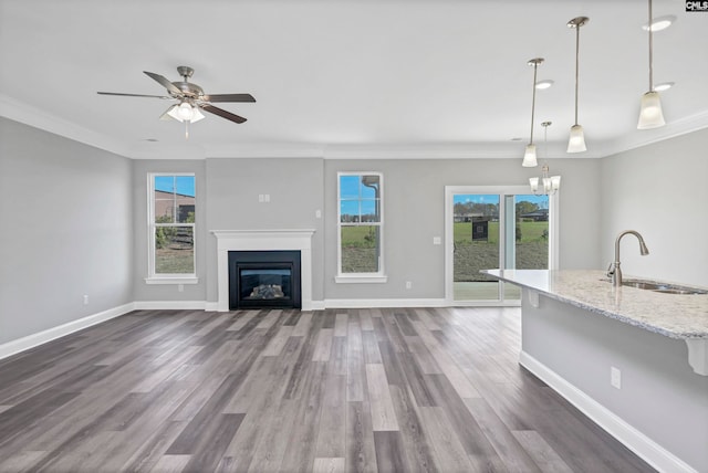 unfurnished living room featuring crown molding, sink, a healthy amount of sunlight, and dark hardwood / wood-style floors