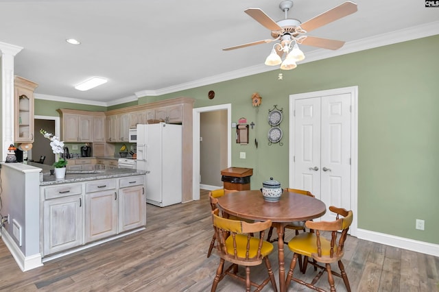 230 Wildlife Rd, Lexington, SC 29072 - dining space featuring ceiling fan, ornamental molding, and wood-type flooring