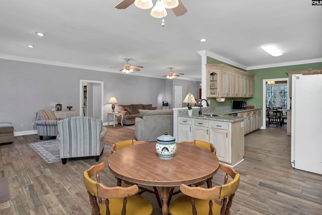 230 Wildlife Rd, Lexington, SC 29072 - dining room with crown molding, hardwood / wood-style floors, ceiling fan, and sink