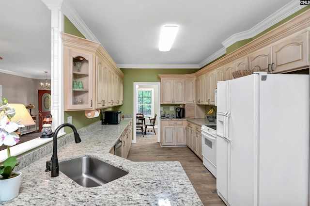 230 Wildlife Rd, Lexington, SC 29072 - kitchen with a chandelier, light hardwood / wood-style floors, white appliances, crown molding, and sink