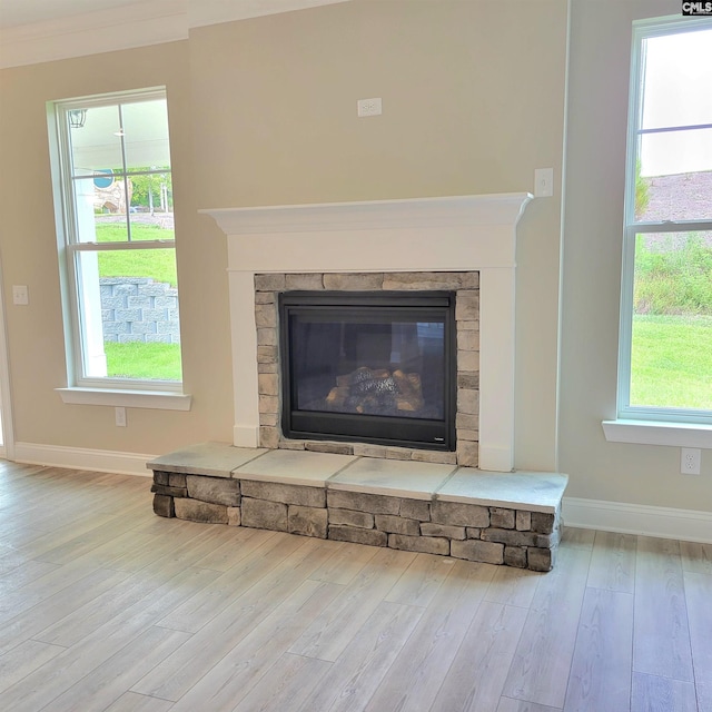 room details with a stone fireplace, hardwood / wood-style floors, and ornamental molding