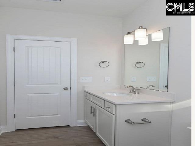 bathroom featuring vanity and hardwood / wood-style flooring