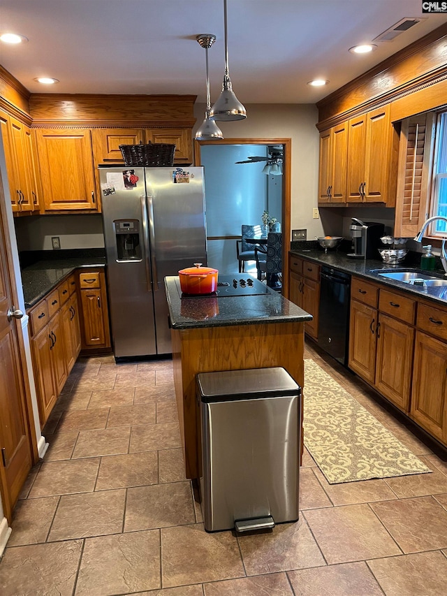 kitchen featuring ceiling fan, light tile floors, stainless steel fridge with ice dispenser, dishwasher, and decorative light fixtures