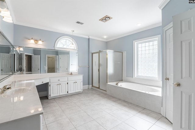 bathroom with ornamental molding, plus walk in shower, large vanity, and tile flooring